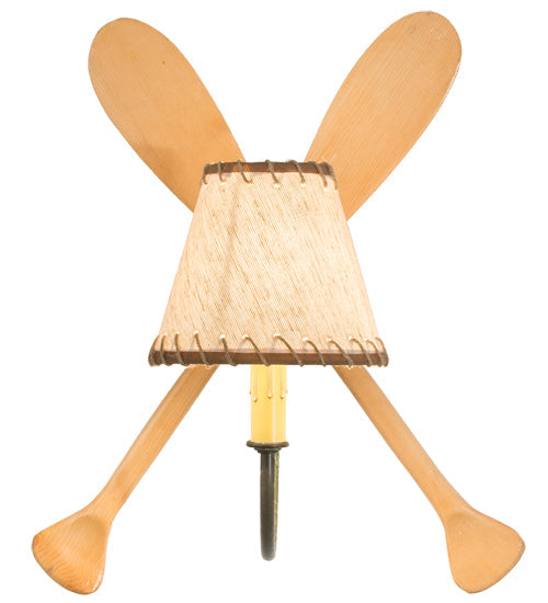 Meyda Lighting Paddle 16" Natural Wood & Tarnished Copper Wall Sconce With Brown & Beige Textrene Shade