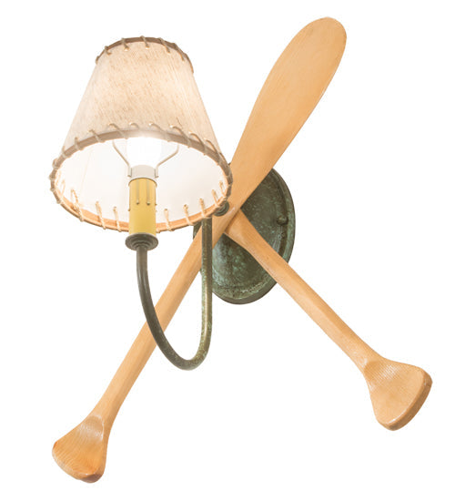 Meyda Lighting Paddle 16" Natural Wood & Tarnished Copper Wall Sconce With Brown & Beige Textrene Shade