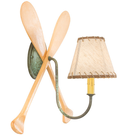 Meyda Lighting Paddle 16" Natural Wood & Tarnished Copper Wall Sconce With Brown & Beige Textrene Shade