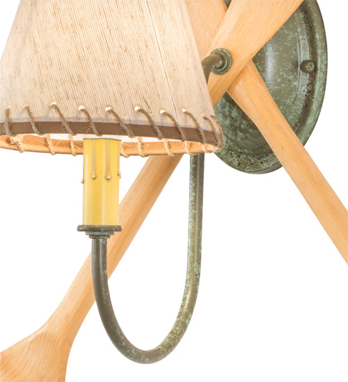 Meyda Lighting Paddle 16" Natural Wood & Tarnished Copper Wall Sconce With Brown & Beige Textrene Shade
