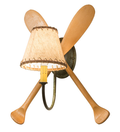 Meyda Lighting Paddle 16" Natural Wood & Tarnished Copper Wall Sconce With Brown & Beige Textrene Shade