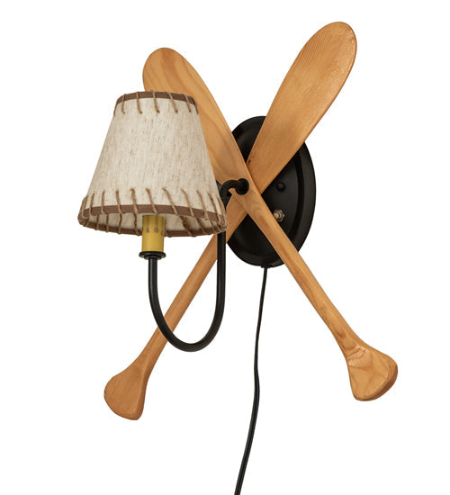 Meyda Lighting Paddle 16" Natural Wood & Textured Black Wall Sconce With Beige Burlap Fabric Shade