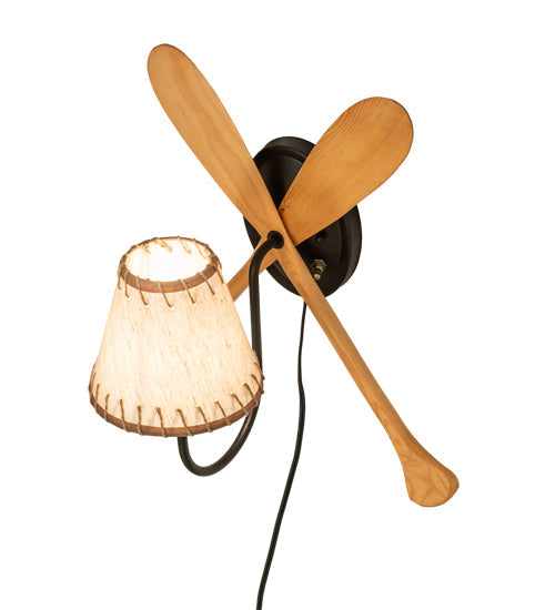 Meyda Lighting Paddle 16" Natural Wood & Textured Black Wall Sconce With Beige Burlap Fabric Shade