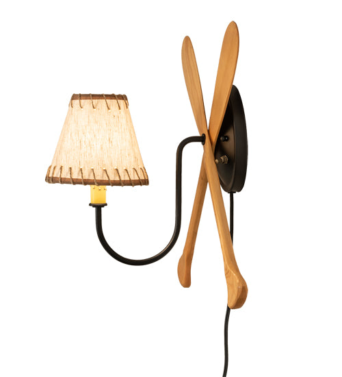 Meyda Lighting Paddle 16" Natural Wood & Textured Black Wall Sconce With Beige Burlap Fabric Shade