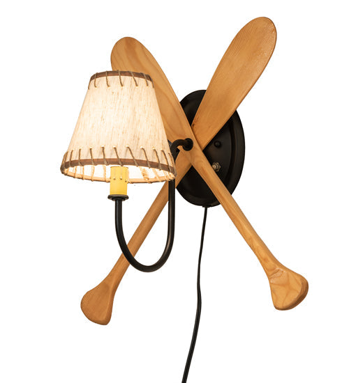 Meyda Lighting Paddle 16" Natural Wood & Textured Black Wall Sconce With Beige Burlap Fabric Shade