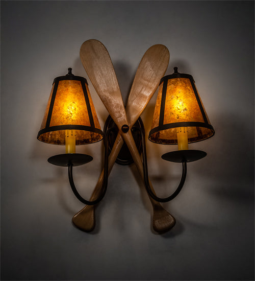 Meyda Lighting Paddle 18" 2-Light Antique Copper & Natural Wood Wall Sconce With Amber Mica Shade Glass
