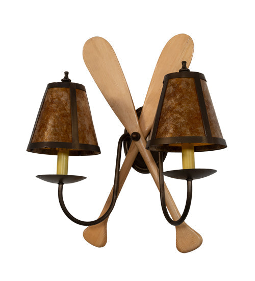 Meyda Lighting Paddle 18" 2-Light Antique Copper & Natural Wood Wall Sconce With Amber Mica Shade Glass