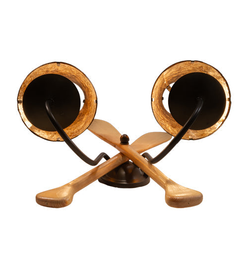 Meyda Lighting Paddle 18" 2-Light Antique Copper & Natural Wood Wall Sconce With Amber Mica Shade Glass