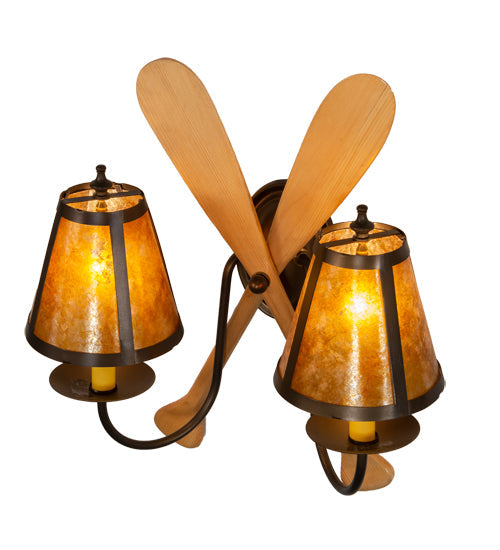 Meyda Lighting Paddle 18" 2-Light Antique Copper & Natural Wood Wall Sconce With Amber Mica Shade Glass