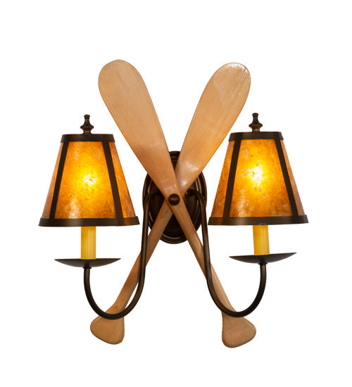 Meyda Lighting Paddle 18" 2-Light Antique Copper & Natural Wood Wall Sconce With Amber Mica Shade Glass