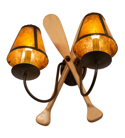 Meyda Lighting Paddle 18" 2-Light Antique Copper & Natural Wood Wall Sconce With Amber Mica Shade Glass