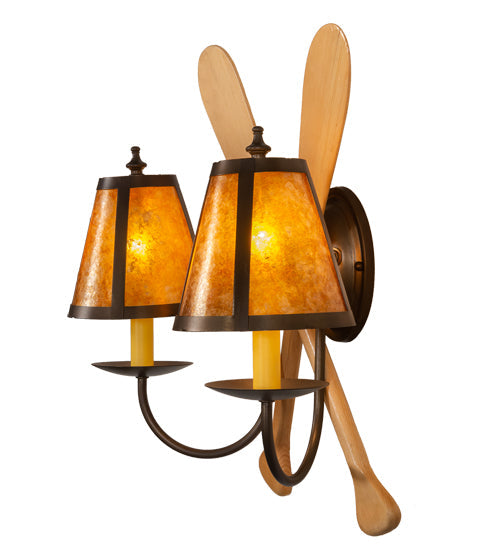 Meyda Lighting Paddle 18" 2-Light Antique Copper & Natural Wood Wall Sconce With Amber Mica Shade Glass