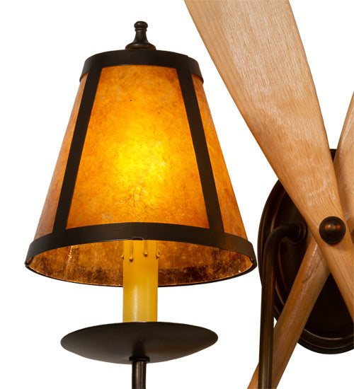 Meyda Lighting Paddle 18" 2-Light Antique Copper & Natural Wood Wall Sconce With Amber Mica Shade Glass