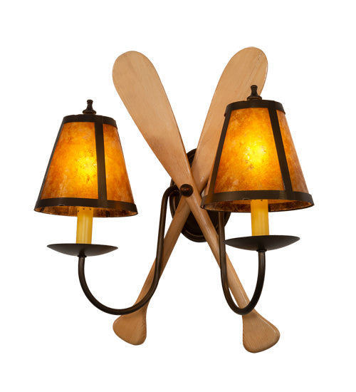 Meyda Lighting Paddle 18" 2-Light Antique Copper & Natural Wood Wall Sconce With Amber Mica Shade Glass