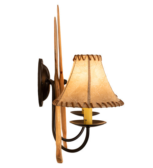 Meyda Lighting Paddle 18" 2-Light Natural Wood & Timeless Bronze Wall Sconce With Brown Faux Leather Shade