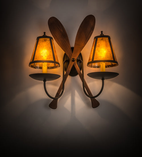 Meyda Lighting Paddle 18" 2-Light Textured Black & Natural Wood Wall Sconce With Amber Mica Shade Glass
