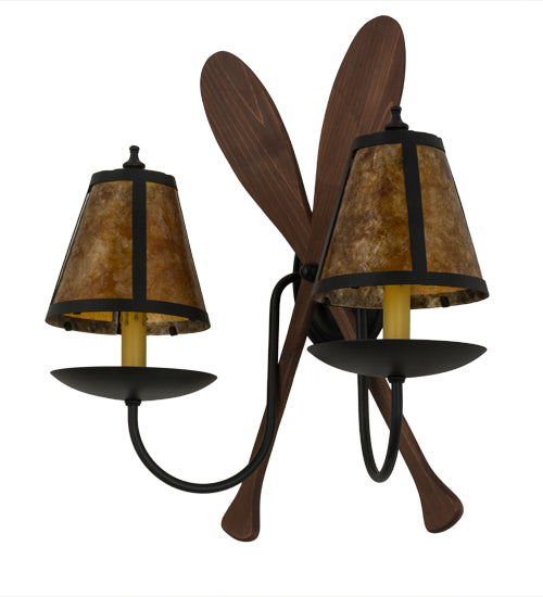 Meyda Lighting Paddle 18" 2-Light Textured Black & Natural Wood Wall Sconce With Amber Mica Shade Glass