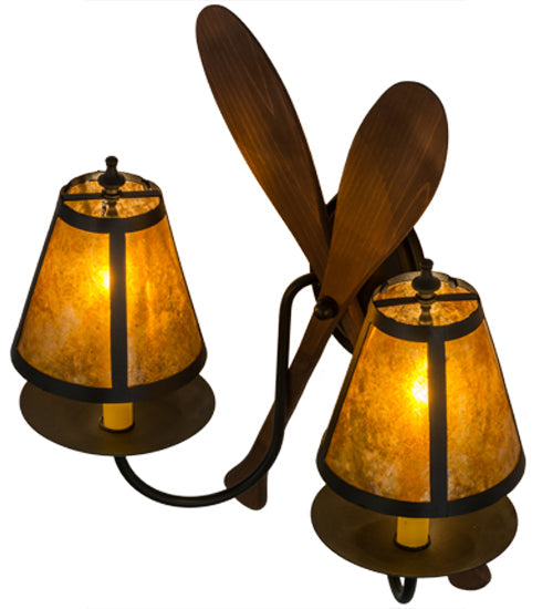 Meyda Lighting Paddle 18" 2-Light Textured Black & Natural Wood Wall Sconce With Amber Mica Shade Glass