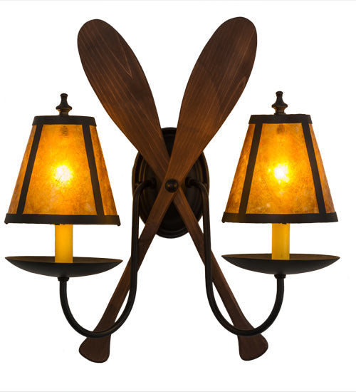 Meyda Lighting Paddle 18" 2-Light Textured Black & Natural Wood Wall Sconce With Amber Mica Shade Glass