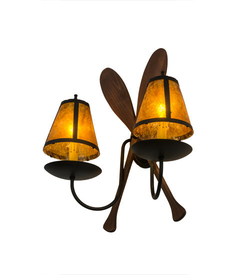 Meyda Lighting Paddle 18" 2-Light Textured Black & Natural Wood Wall Sconce With Amber Mica Shade Glass