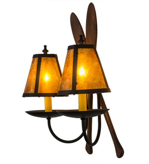 Meyda Lighting Paddle 18" 2-Light Textured Black & Natural Wood Wall Sconce With Amber Mica Shade Glass