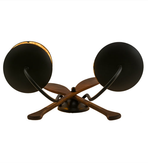 Meyda Lighting Paddle 18" 2-Light Textured Black & Natural Wood Wall Sconce With Amber Mica Shade Glass