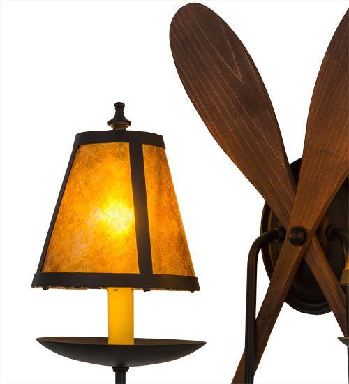 Meyda Lighting Paddle 18" 2-Light Textured Black & Natural Wood Wall Sconce With Amber Mica Shade Glass