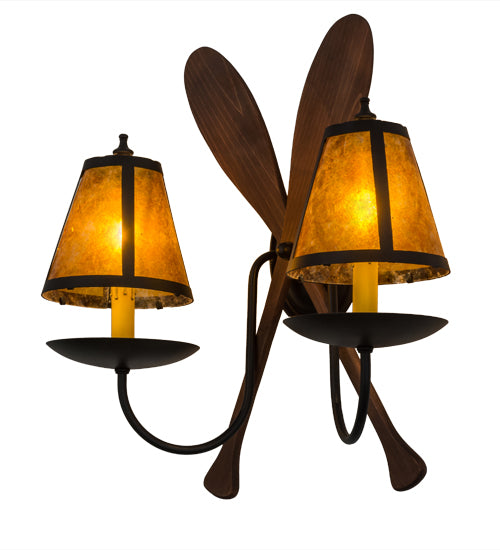 Meyda Lighting Paddle 18" 2-Light Textured Black & Natural Wood Wall Sconce With Amber Mica Shade Glass