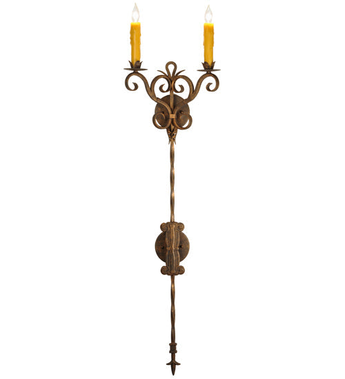 Meyda Lighting Palmira 13" 2-Light Gilded Tobacco Wall Sconce With Amber Faux Candlelight