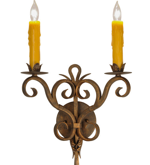 Meyda Lighting Palmira 13" 2-Light Gilded Tobacco Wall Sconce With Amber Faux Candlelight