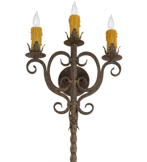 Meyda Lighting Palmira 15" 3-Light Organic Rust Wall Sconce With Amber Faux Candlelight