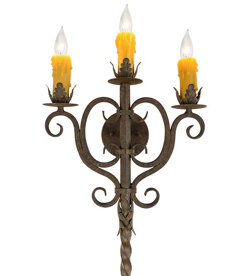 Meyda Lighting Palmira 15" 3-Light Organic Rust Wall Sconce With Amber Faux Candlelight