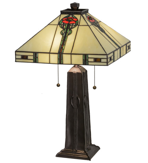 Meyda Lighting Parker Poppy 24" 2-Light Mahogany Bronze Table Lamp With Multi-Colored Shade Glass