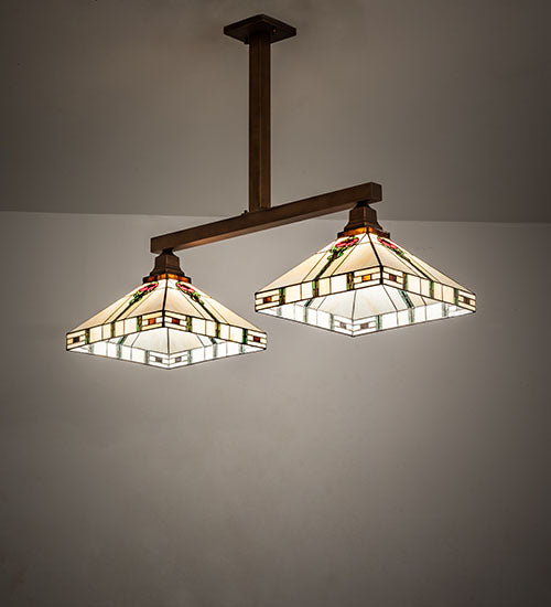 Meyda Lighting Parker Poppy 39" 2-Light Light Craftsman Brown Island Pendant Light With Multi-Colored Shade Glass