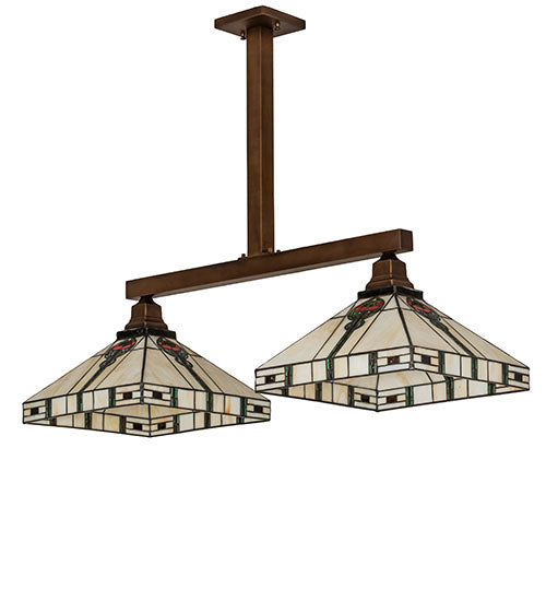 Meyda Lighting Parker Poppy 39" 2-Light Light Craftsman Brown Island Pendant Light With Multi-Colored Shade Glass