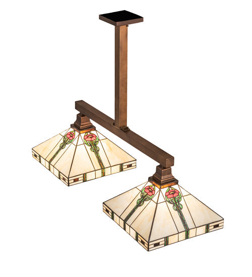 Meyda Lighting Parker Poppy 39" 2-Light Light Craftsman Brown Island Pendant Light With Multi-Colored Shade Glass