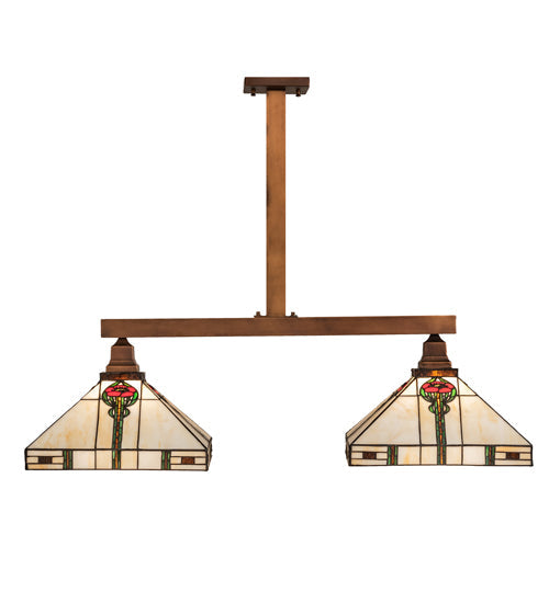Meyda Lighting Parker Poppy 39" 2-Light Light Craftsman Brown Island Pendant Light With Multi-Colored Shade Glass