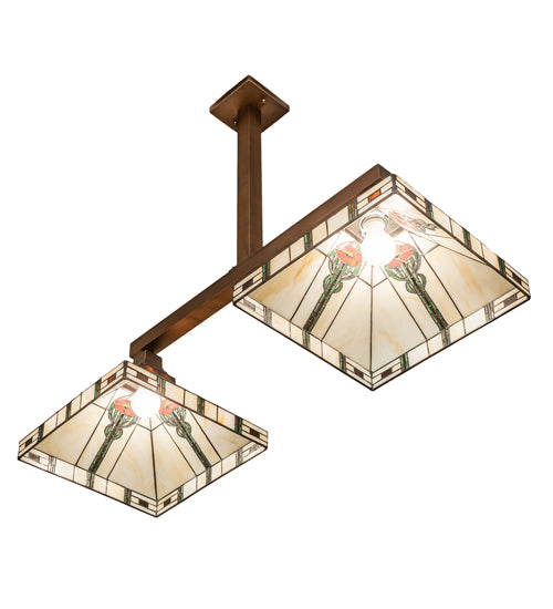 Meyda Lighting Parker Poppy 39" 2-Light Light Craftsman Brown Island Pendant Light With Multi-Colored Shade Glass
