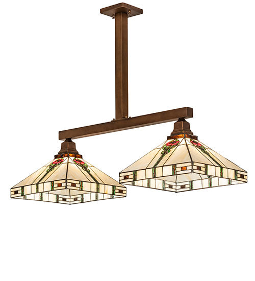 Meyda Lighting Parker Poppy 39" 2-Light Light Craftsman Brown Island Pendant Light With Multi-Colored Shade Glass