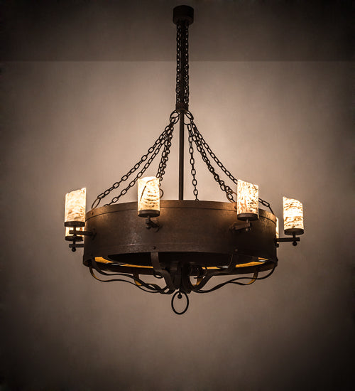 Meyda Lighting Parnella 185629 54" 24-Light Rusty Nail Chandelier With Amber Mica & Light Green Jadestone Cylindres Shade and Fan