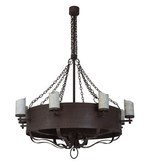 Meyda Lighting Parnella 185629 54" 24-Light Rusty Nail Chandelier With Amber Mica & Light Green Jadestone Cylindres Shade and Fan