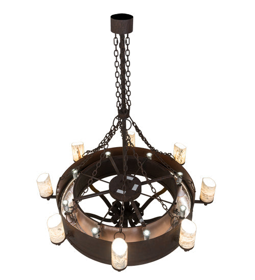 Meyda Lighting Parnella 185629 54" 24-Light Rusty Nail Chandelier With Amber Mica & Light Green Jadestone Cylindres Shade and Fan