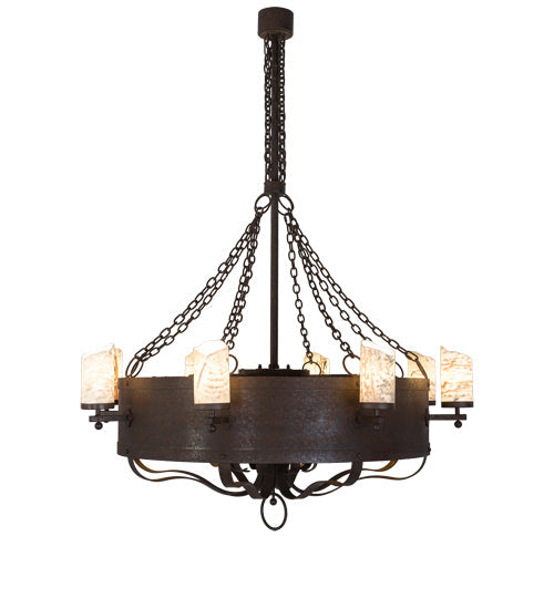 Meyda Lighting Parnella 185629 54" 24-Light Rusty Nail Chandelier With Amber Mica & Light Green Jadestone Cylindres Shade and Fan
