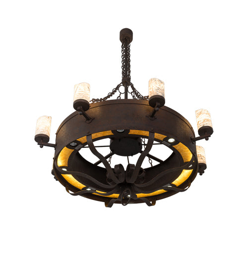 Meyda Lighting Parnella 185629 54" 24-Light Rusty Nail Chandelier With Amber Mica & Light Green Jadestone Cylindres Shade and Fan