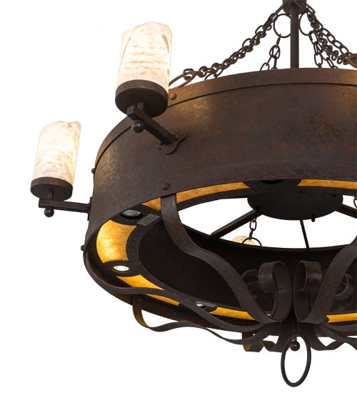 Meyda Lighting Parnella 185629 54" 24-Light Rusty Nail Chandelier With Amber Mica & Light Green Jadestone Cylindres Shade and Fan