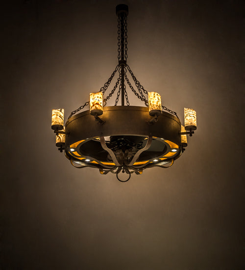 Meyda Lighting Parnella 54" 24-Light Rusty Nail Chandelier With Amber Mica & Light Green Jadestone Cylindres Shade and Fan