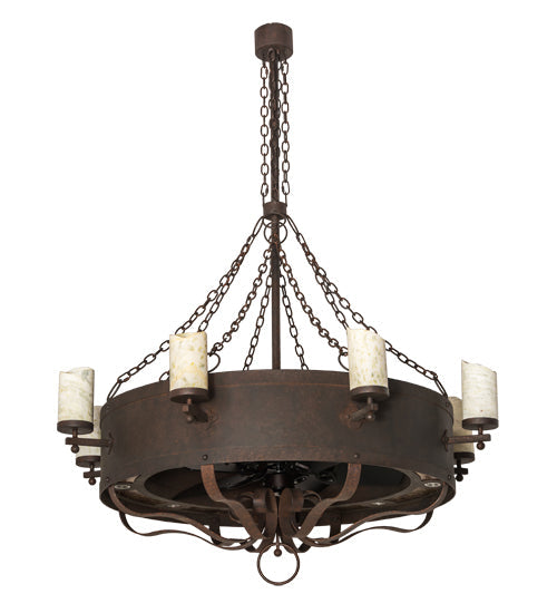 Meyda Lighting Parnella 54" 24-Light Rusty Nail Chandelier With Amber Mica & Light Green Jadestone Cylindres Shade and Fan