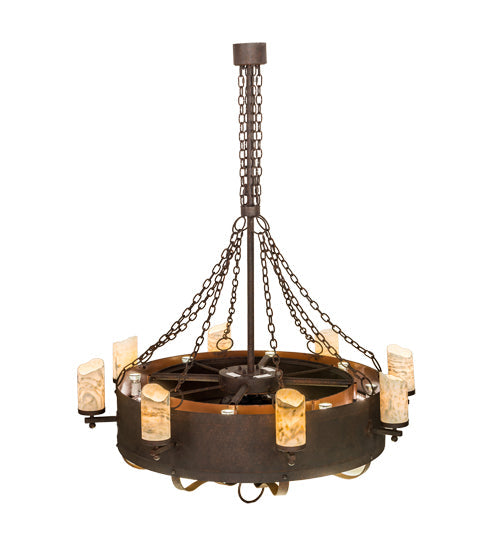 Meyda Lighting Parnella 54" 24-Light Rusty Nail Chandelier With Amber Mica & Light Green Jadestone Cylindres Shade and Fan