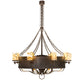 Meyda Lighting Parnella 54" 24-Light Rusty Nail Chandelier With Amber Mica & Light Green Jadestone Cylindres Shade and Fan
