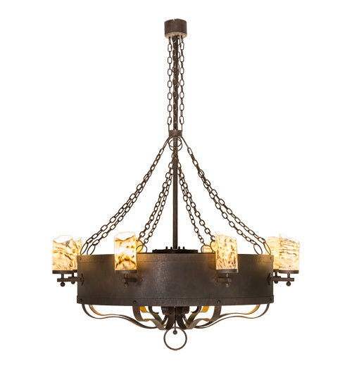 Meyda Lighting Parnella 54" 24-Light Rusty Nail Chandelier With Amber Mica & Light Green Jadestone Cylindres Shade and Fan